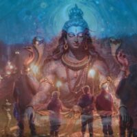 Doppelbelichtung: Shiva-Darstellung und Sommersonnwende-Feier (Litha) mit Feuer Symbol für neue Ausrichtung am längsten Tag des Jahres und Weltyogatag