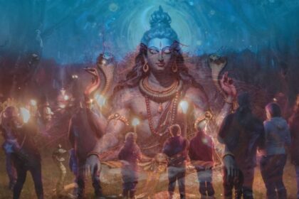 Doppelbelichtung: Shiva-Darstellung und Sommersonnwende-Feier (Litha) mit Feuer Symbol für neue Ausrichtung am längsten Tag des Jahres und Weltyogatag