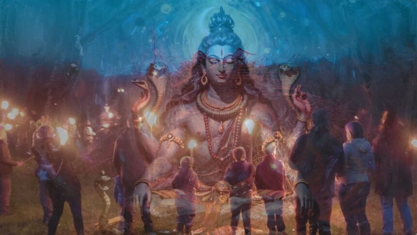 Doppelbelichtung: Shiva-Darstellung und Sommersonnwende-Feier (Litha) mit Feuer Symbol für neue Ausrichtung am längsten Tag des Jahres und Weltyogatag